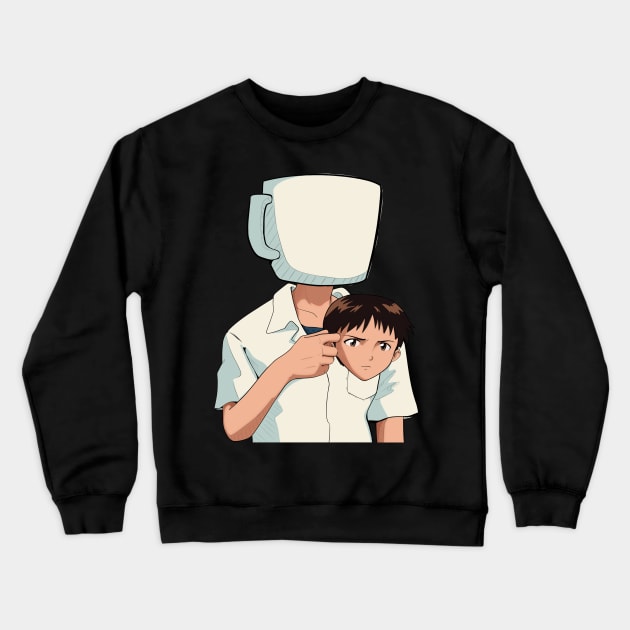 Shinji Holding a Mug HD (Mug Holding a Shinji) Restored image Neon Genesis Evangelion Crewneck Sweatshirt by Scribble-LeviJo